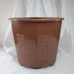 Vintage Brown Flower Corner Trash Can Wastebasket Embossed Retro MCM 12" tall